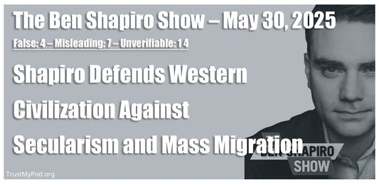 False: 4 – Misleading: 7 – Unverifiable: 14 – The Ben Shapiro Show – May 30, 2025 – Shapiro Defends Western Civilization Against Secularism and Mass Migration